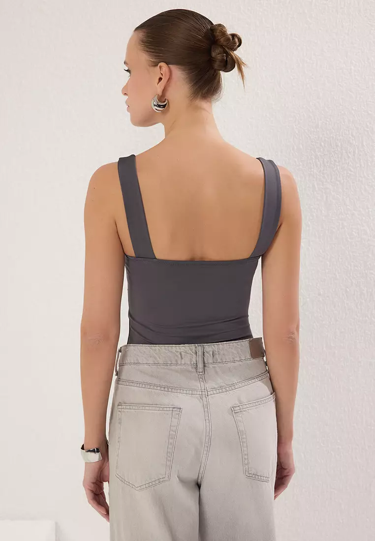 Anthracite Fitted/Fits on the Body with Back Detail Square Neck Snap Elastic Knitted Bodysuit TWOSS24BD00026