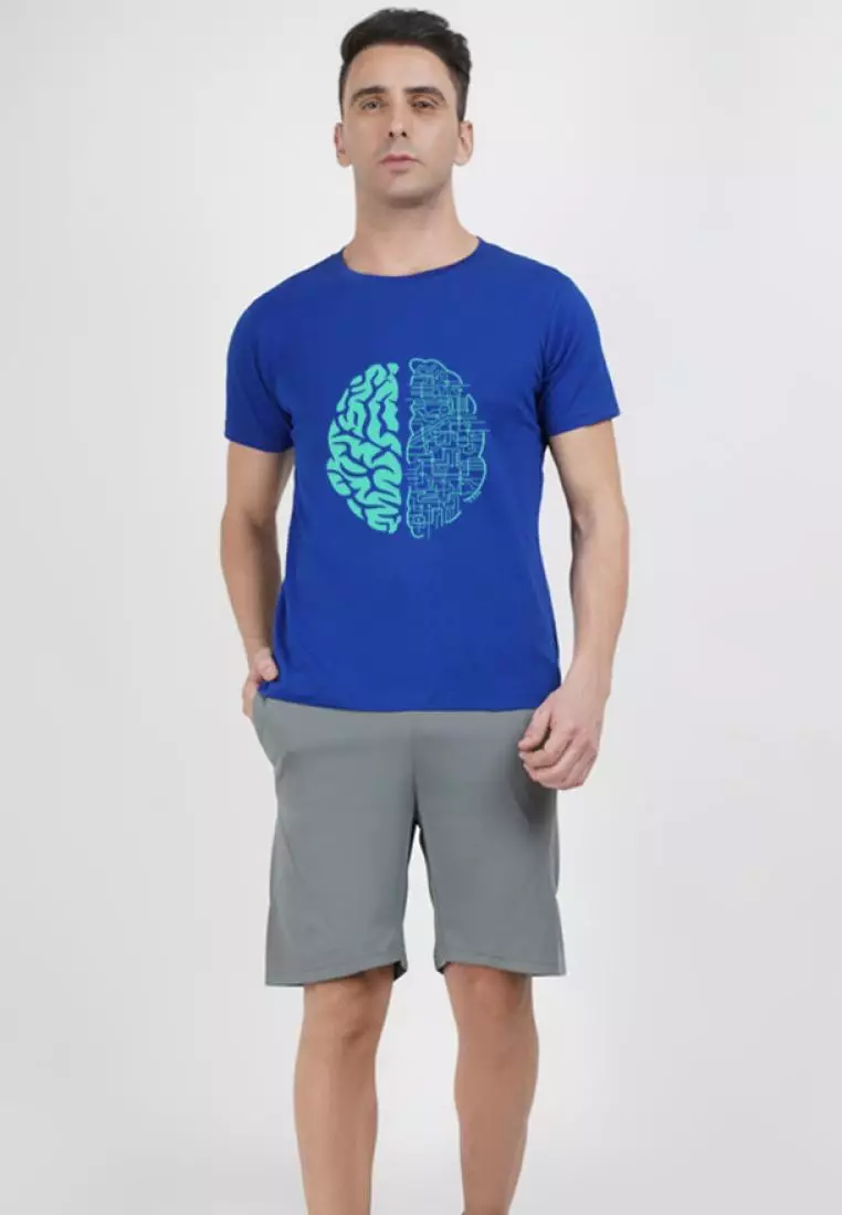 Electric Brain 图案蓝色棉质短袖宽松版型 T 恤