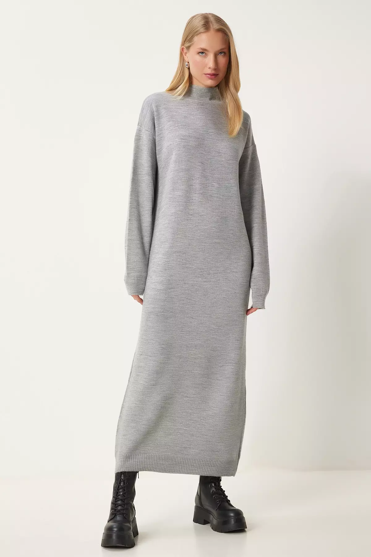 Women'S Gray Melange Turtleneck Long Knitwear Dress Dd01344