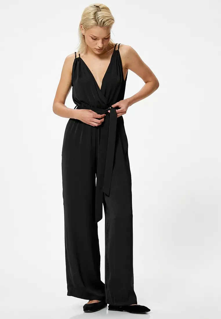 Strap Double Breasted Collar Jumpsuit Belted Wide Leg Full Length