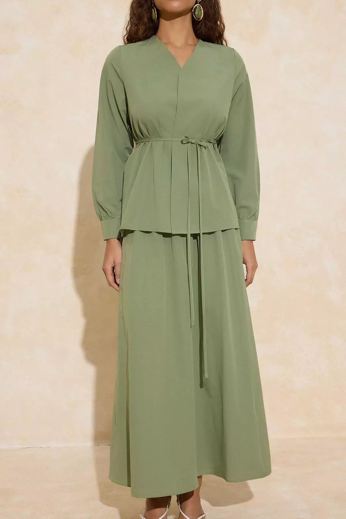 Khaki Cotton Woven Top And Bottom Skirt Set Tctss25Us00051