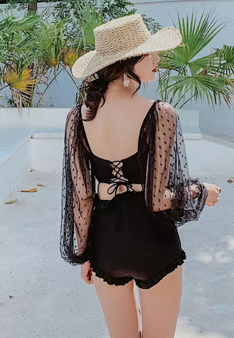 Lace Up Split Triangle Long Sleeve Two Piece Swimsuit CA071703BK