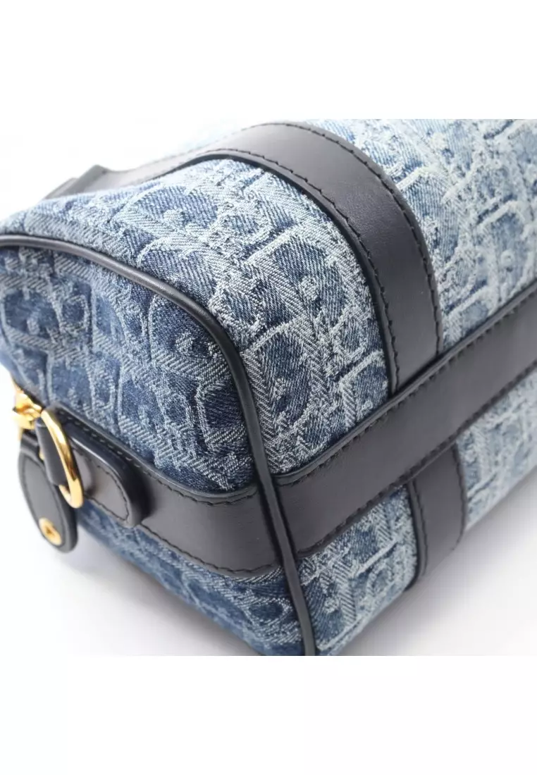 Pre-Loved Christian Dior Groove 20 groove Small oblique jacquard Handbag denim leather Indigo blue Navy 2WAY