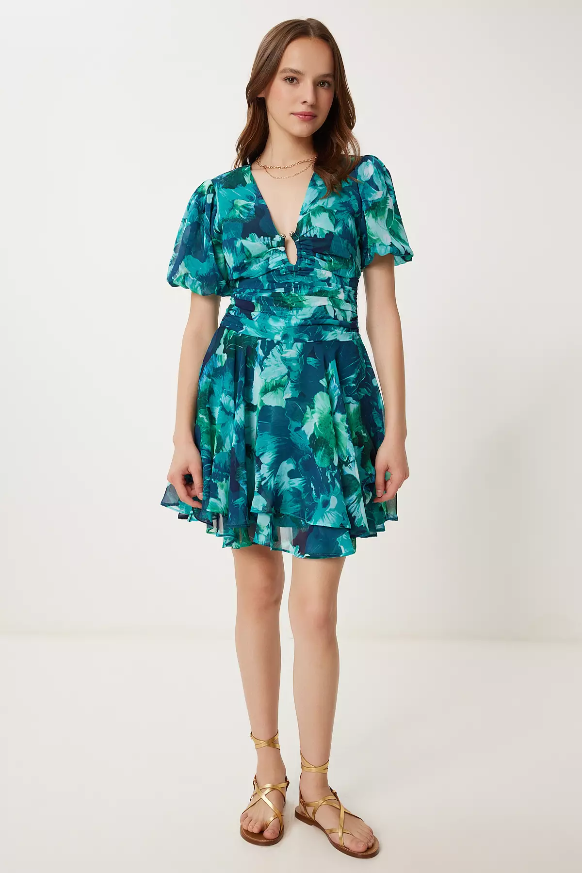 Women's Green Patterned Summer Mini Chiffon Dress Fg00026