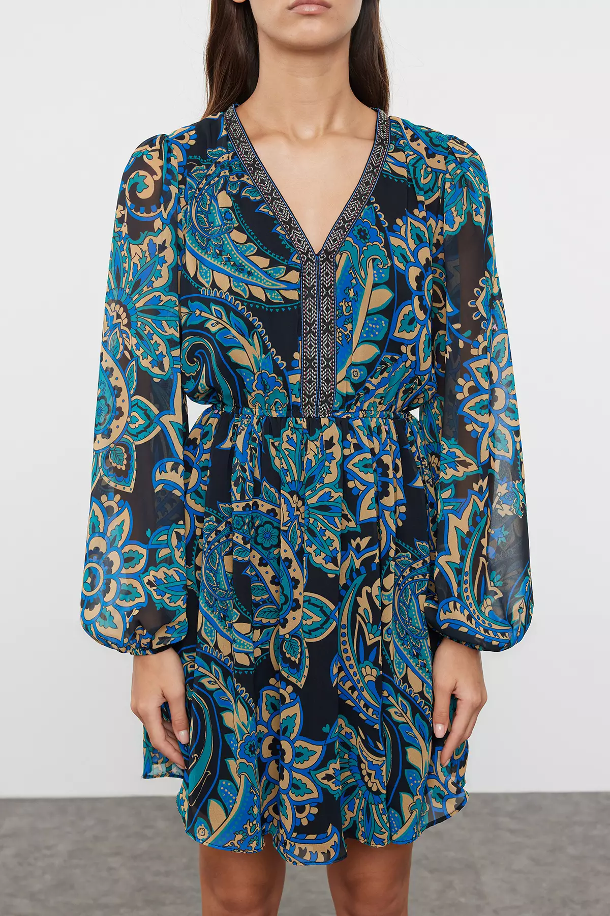 Green Floral Patterned Waist Opening Gipel Lined Mini Woven Dress TWOAW25EL00182