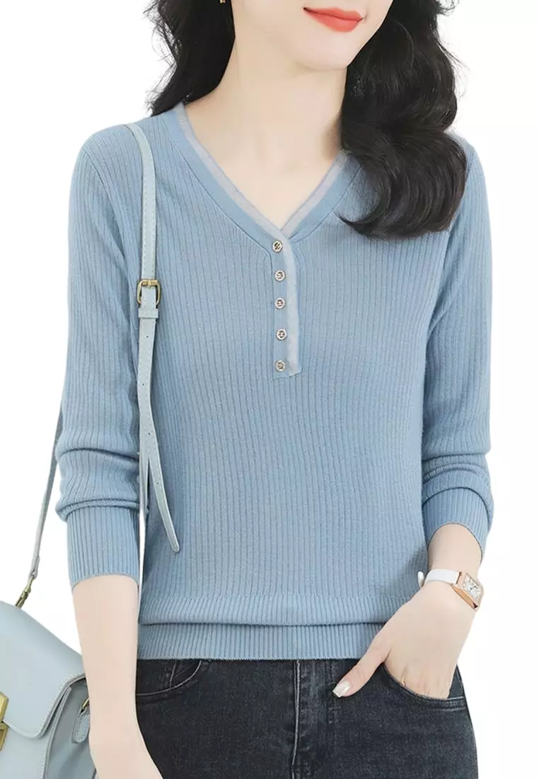 Elegant V Neck Long Sleeved Sweater