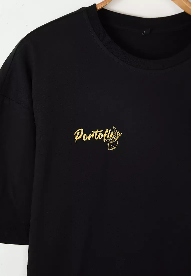 Black Oversized/Wide Cut Back Lemon Printed T-Shirt