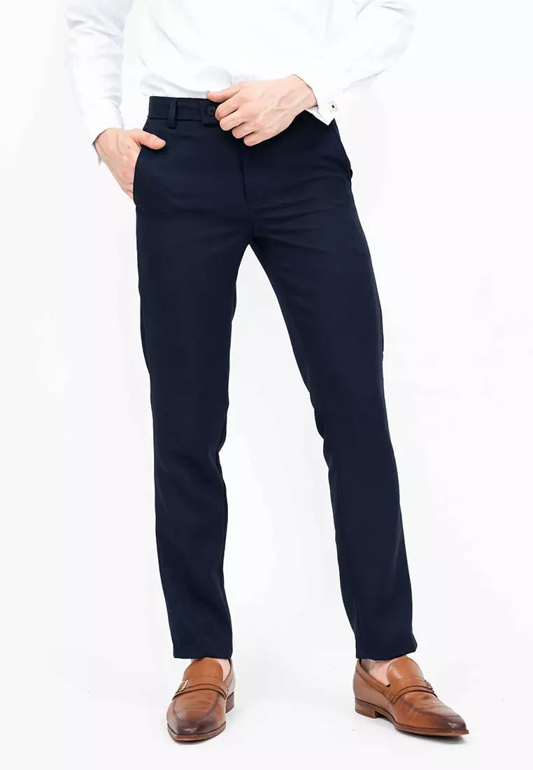 Celana panjang pria slim fit kerja formal button celana bahan stretch navy