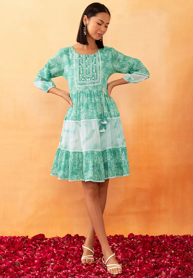 Buy Indya Pastel Green Floral Print Mulmul Dress Online | ZALORA Malaysia