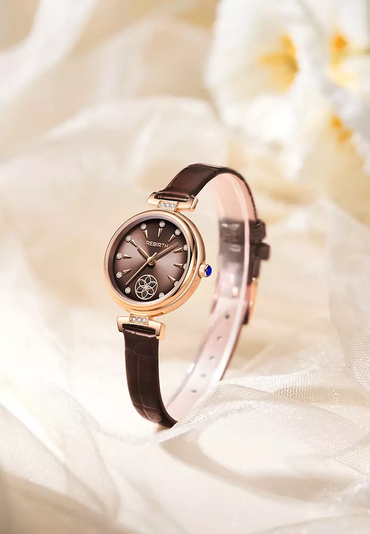 Jam Tangan Wanita Berlian Anggun Anti Air Kuarsa Tali Kulit Gaya Korea Jam Tangan Cewek warna cokelat