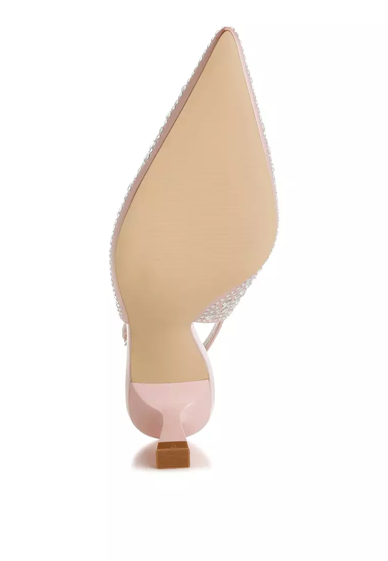 Sepatu Slingback Berhias Berlian Imitasi Ujung Lancip Warna Pink