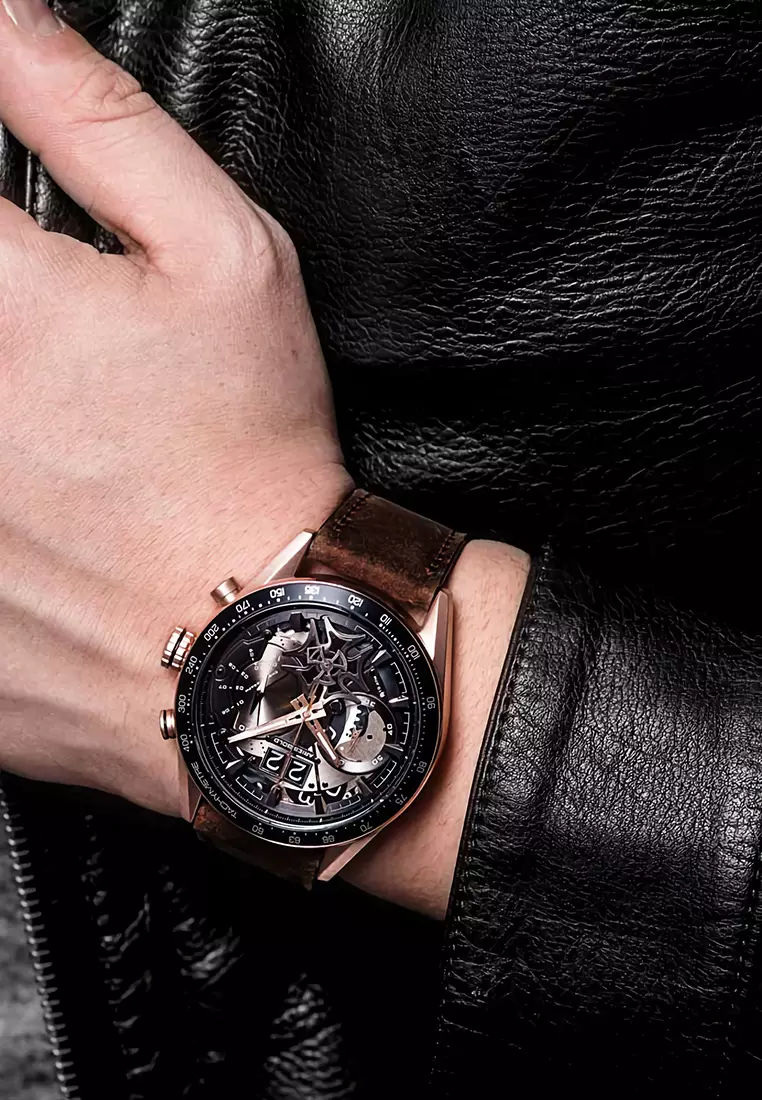 Aries Gold Jolter - Jam Tangan Chronograph Pria - Rosegold - Brown Leather Strap - G 7008