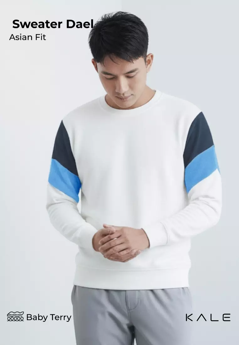 Kale Dael White Blue / Sweater Pria Bahan Baby Terry Premium Kombinasi