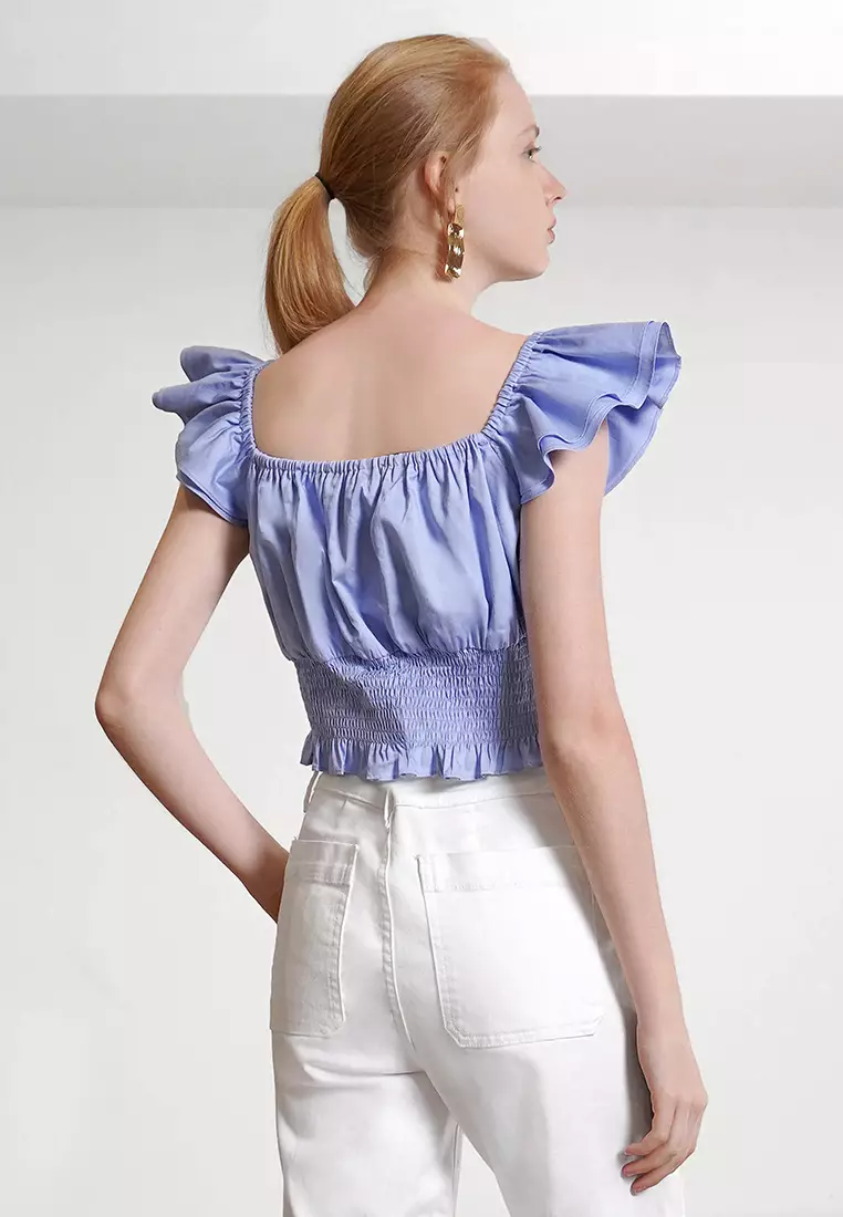 Front Tie Ruffle Sleeve Smocked Top