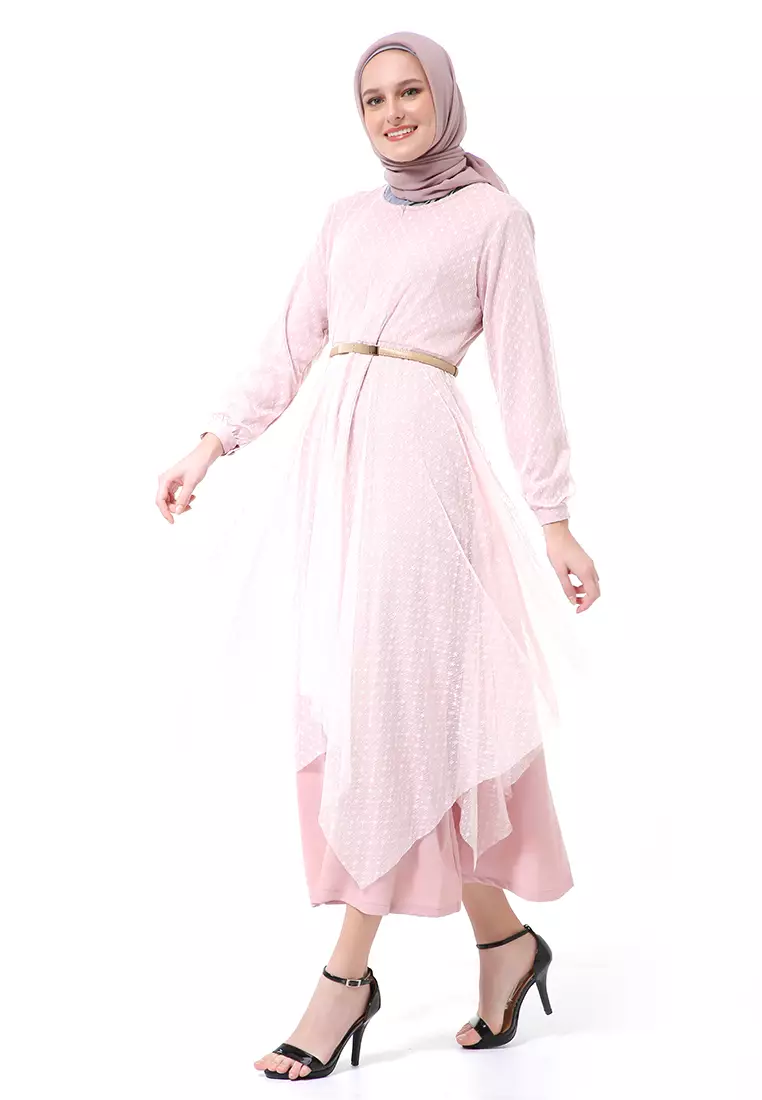 Zahwa Long Dress Gamis Muslimah Long Sleeve Free Belt High Quality - Pink