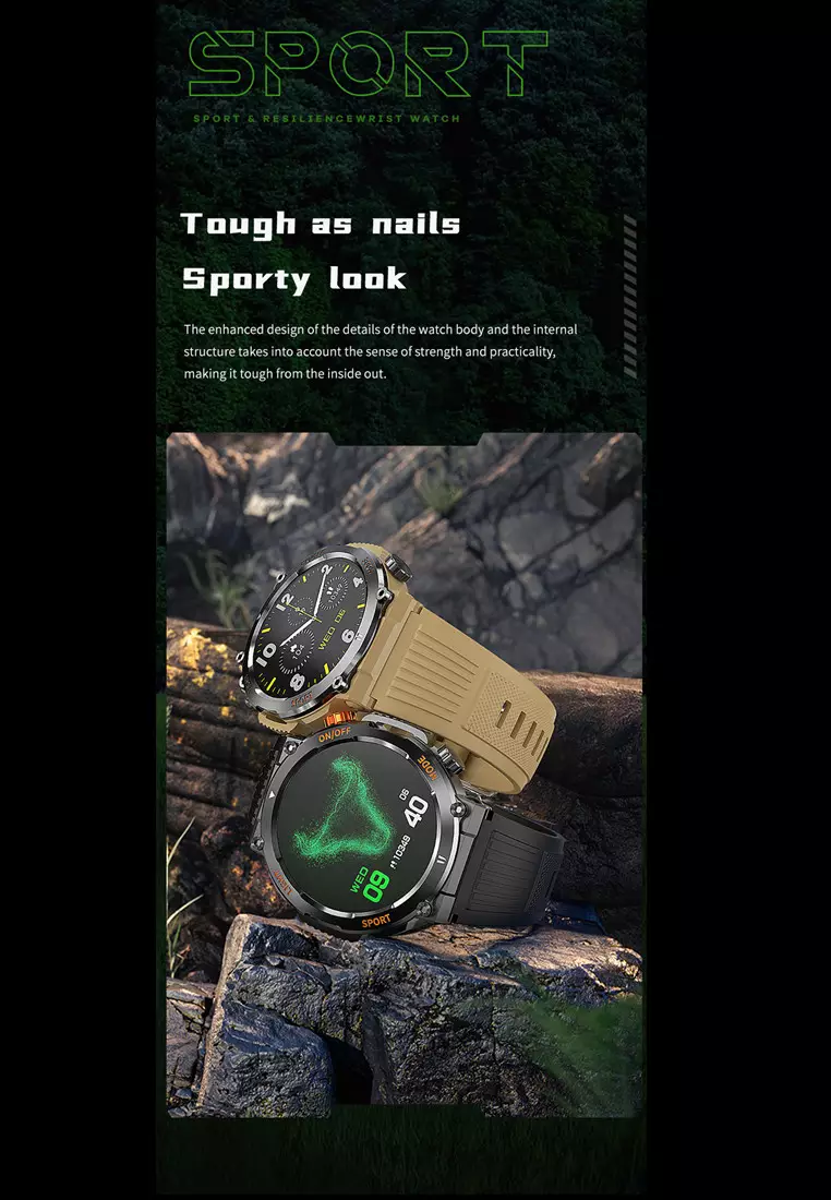 SmartWatch HT17 Anti Air Layar Terang 1.46'' Olahraga Monitor Detak Jantung Music Lampu LED Jam Tangan Pria Khaki