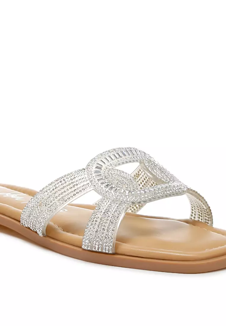 銀色水鑽裝飾平底涼鞋