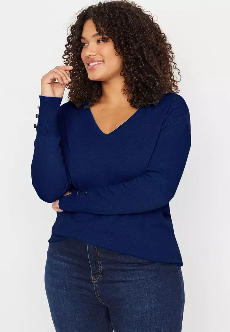 Navy Blue V Neck Button Detailed Knitwear Sweater Tbbaw23An00043