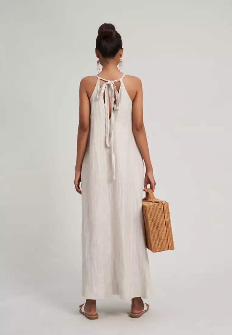 STRIP LINEN MIDI DRESS