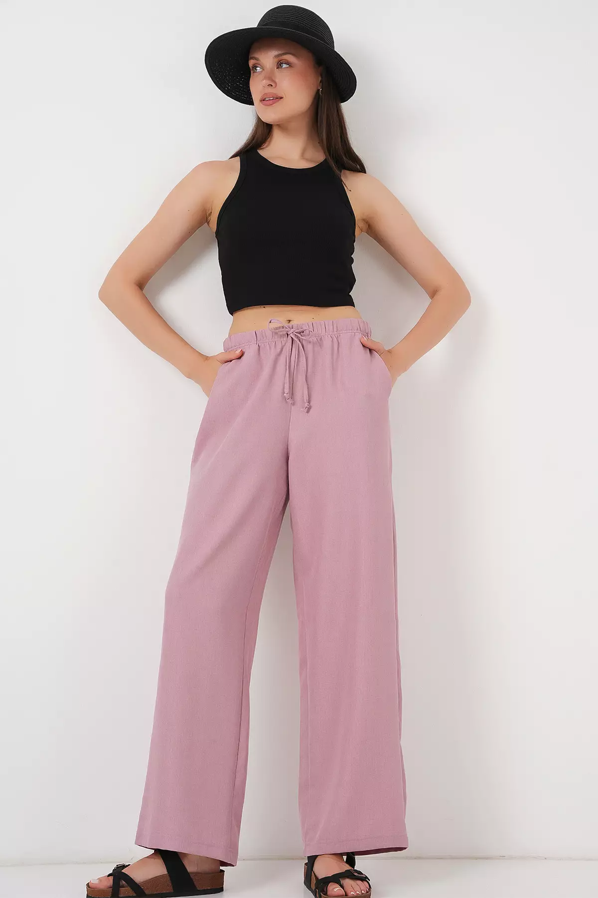 Women's Wide Leg Linen Trousers 6735 - Dusty Rose