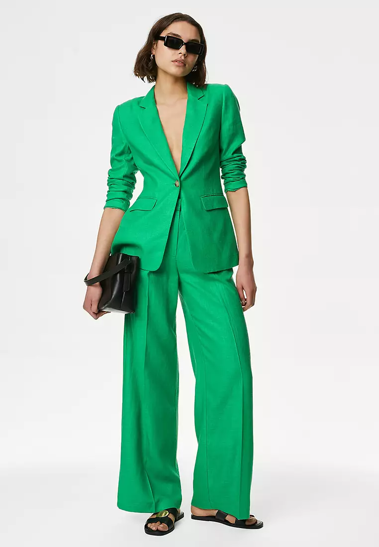 Linen Rich Pleated Wide Leg Trousers