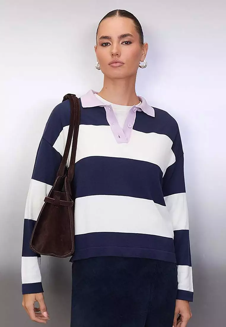 Wardrobe Essentials Lilac Premium Yarn/Special Yarn Wide Pattern Striped Knitwear Sweater Twoaw26Kz195