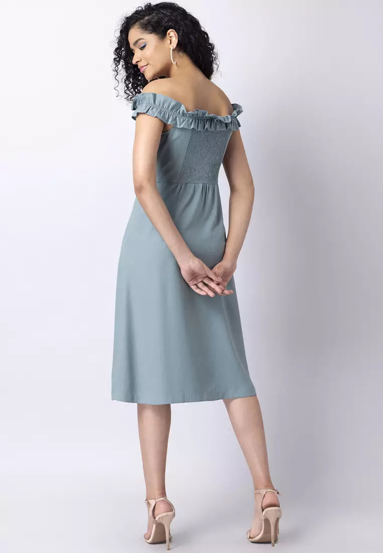 Blue High Slit Off-Shoulder Midi Dress