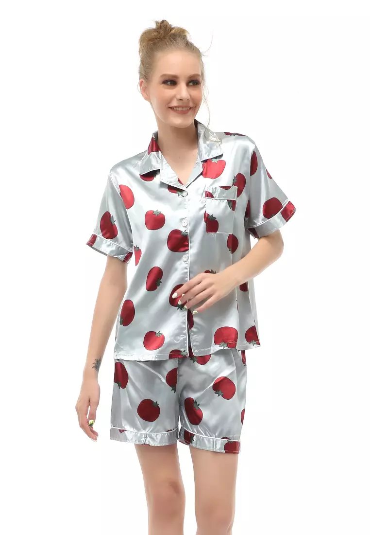 Vance Setelan Baju Tidur Wanita Lengan Pendek Motif Tomat Material Satin ORIGINAL - Blue