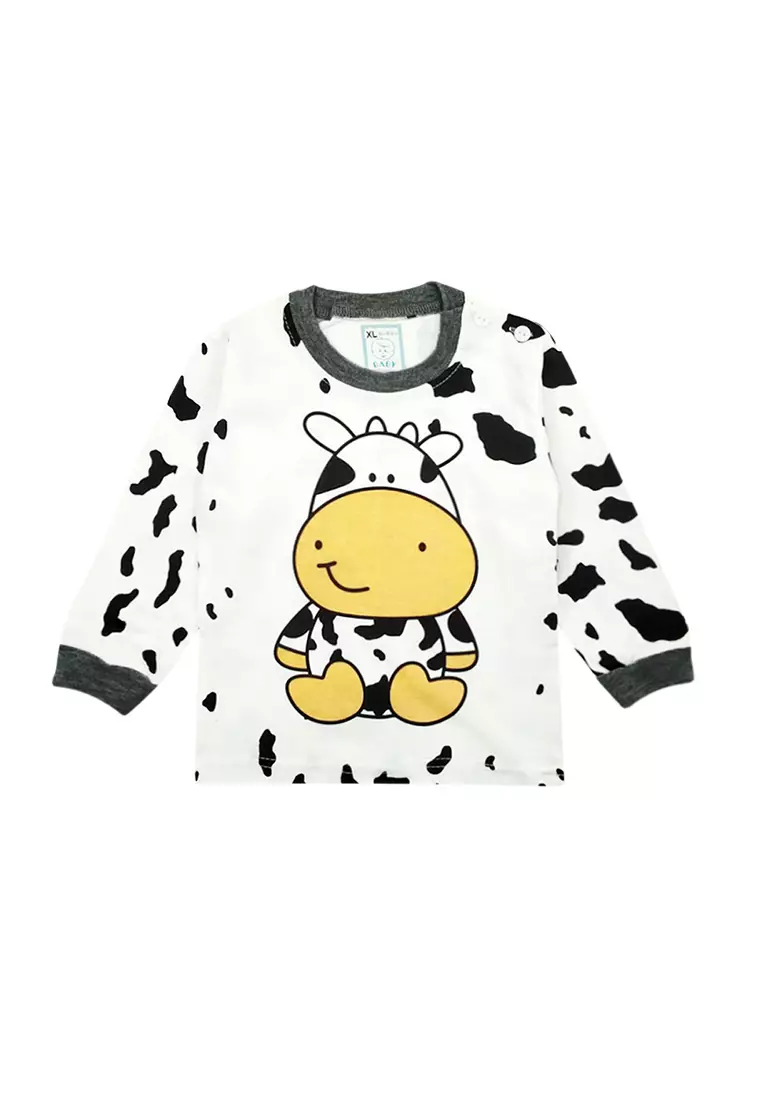 Skabe Piyama Bayi Anak Laki Laki Baju Lengan Panjang Motif Sapi Setelan Celana Kaos All Size Baby Putih Usia 6 Bulan Hingga 12 Bulan 3368