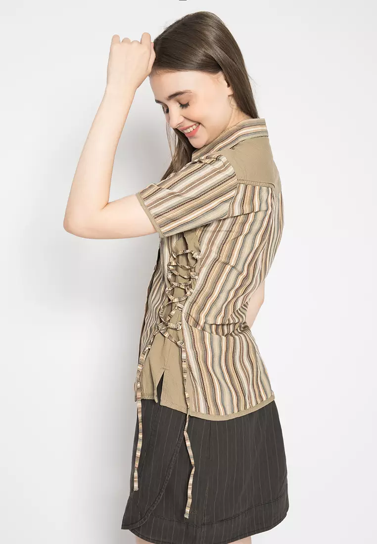 LGS - Kemeja Casual Wanita - Lengan Pendek - Salur - Coklat Kayu - LLSH.380.WD625.073.7C