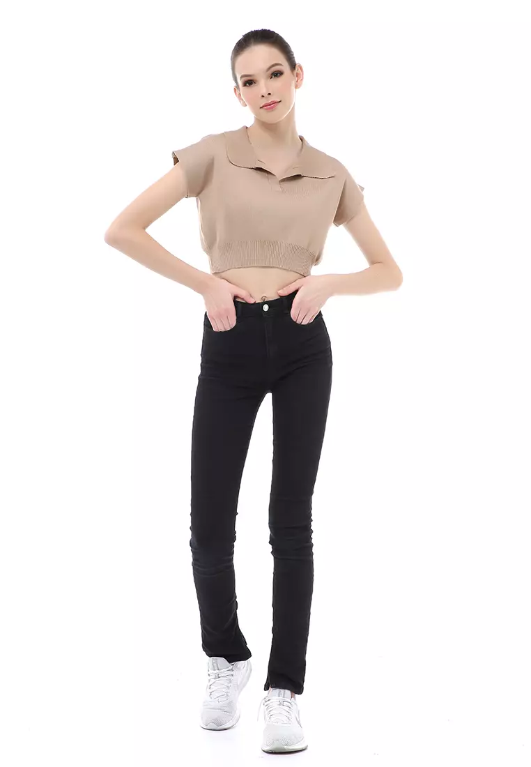 Albertine Atasan Crop Wanita Lengan Pendek Blouse Kerah Material Rajut ORIGINAL - Brown