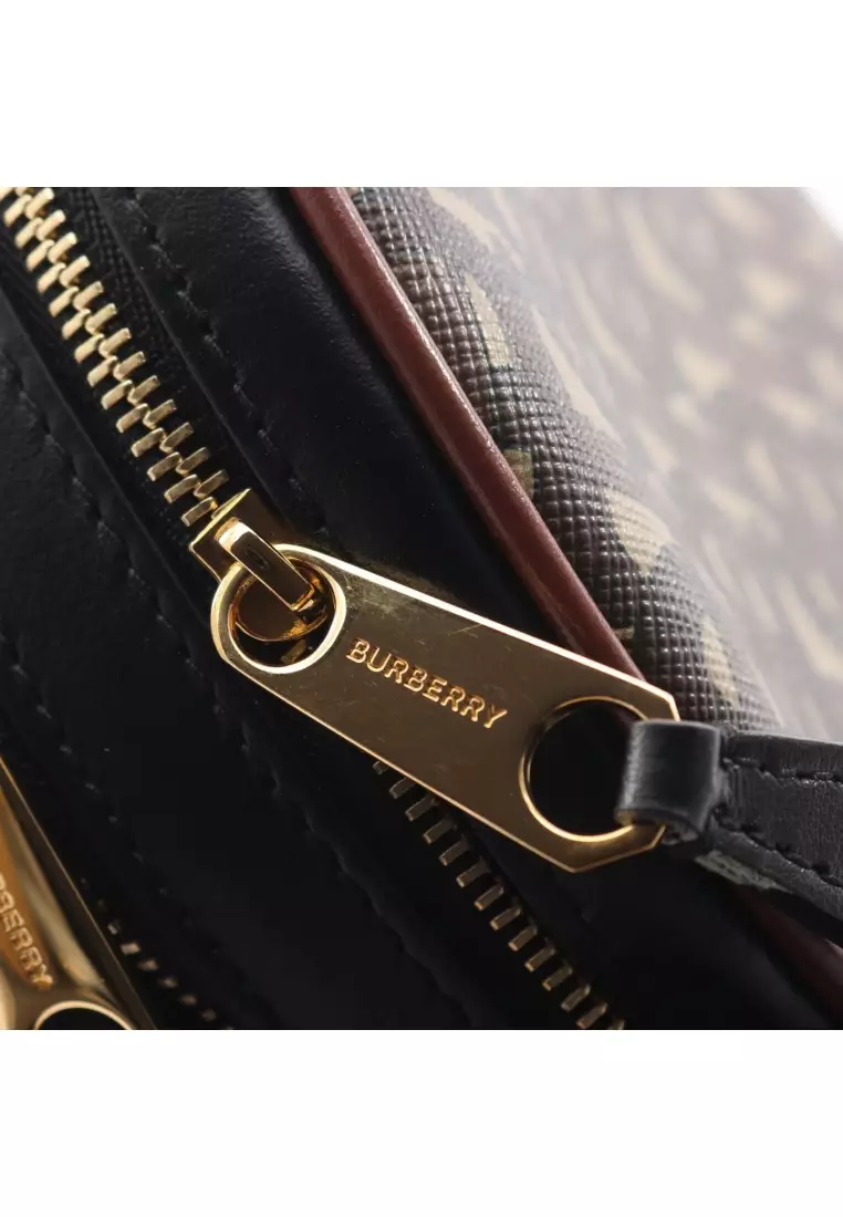 Pre-Loved Burberry TB monogram round Shoulder bag PVC leather beige Brown black