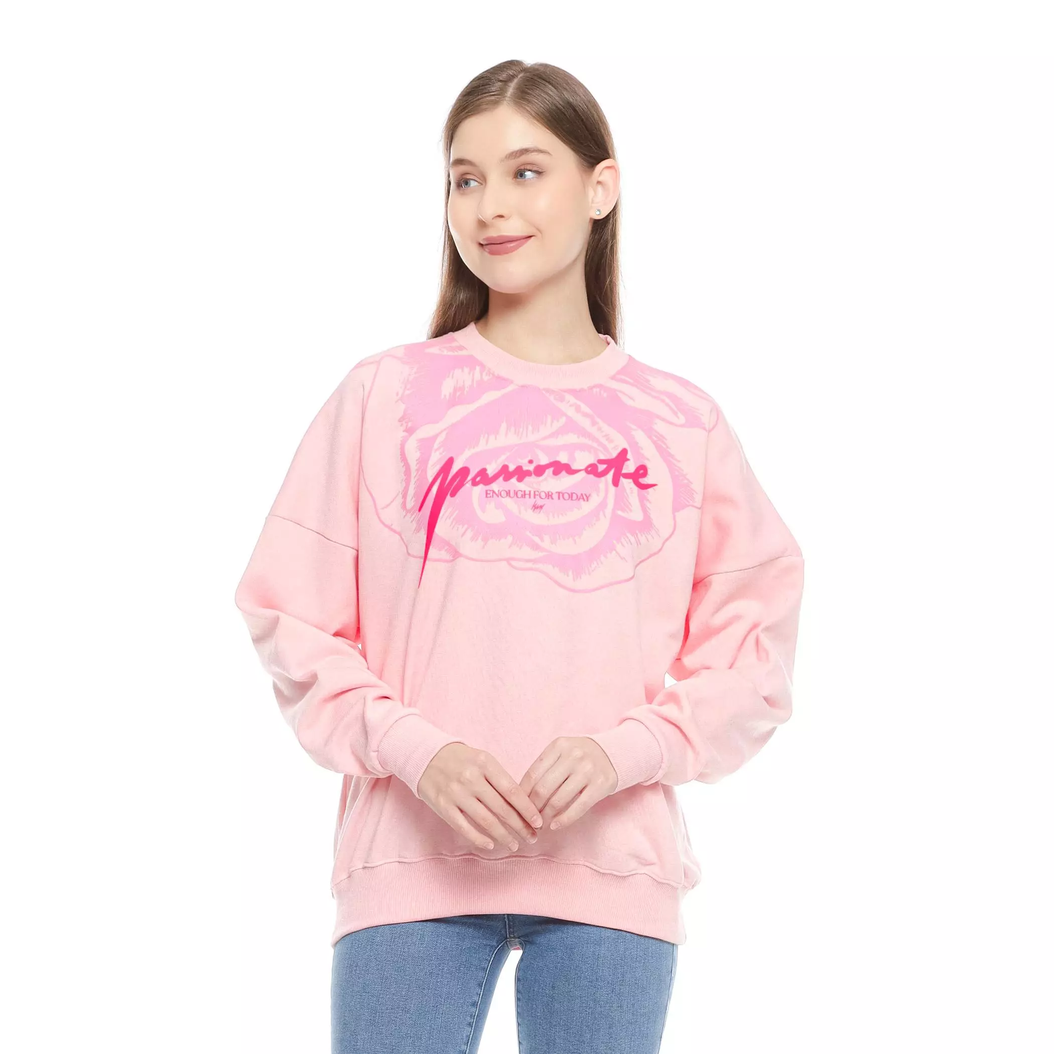 Sweater Crewneck Oversize Passionate Pink Motif Bunga Mawar dari Enough For Today/KUIY,- - Panjang, Wanita Atasan Outer