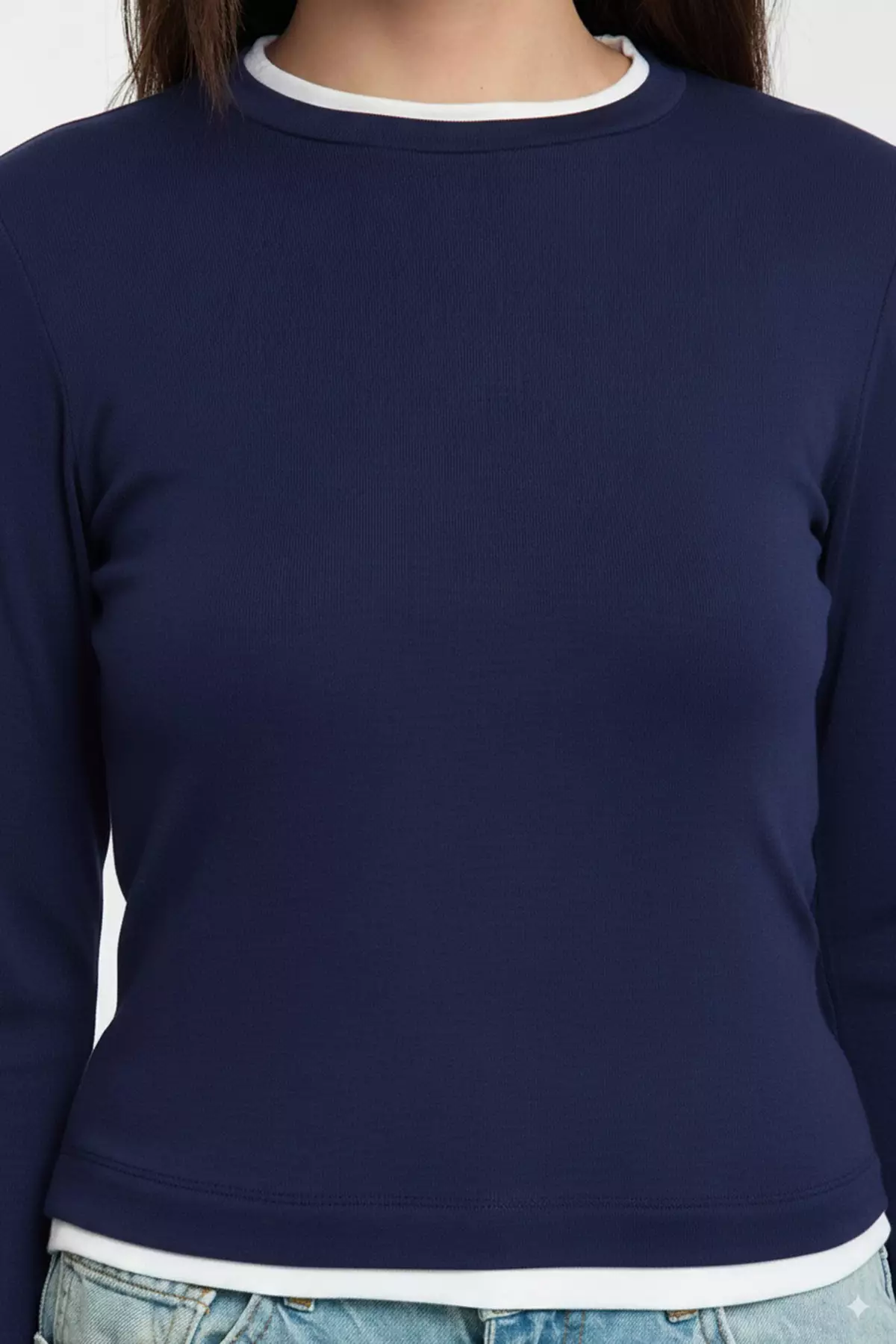 Navy Blue Color Block Fitted/Body-Smoothing Viscose/Soft Fabric Flexible Knitted Blouse Twoaw25Bz00114