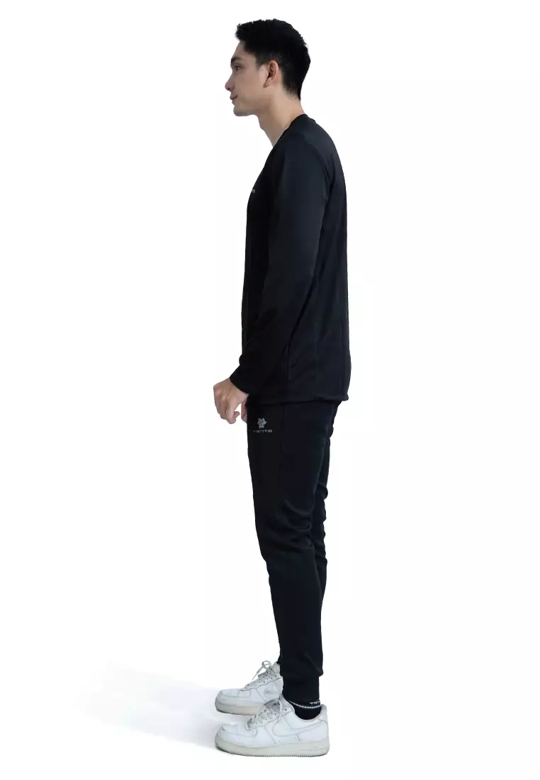 Tiento Setelan Olahraga Kaos Lari Dry Fit Lengan Panjang Black Baju Running Tiento Celana Jogger Panjang Long Pants Joger Basic Sporty Black
