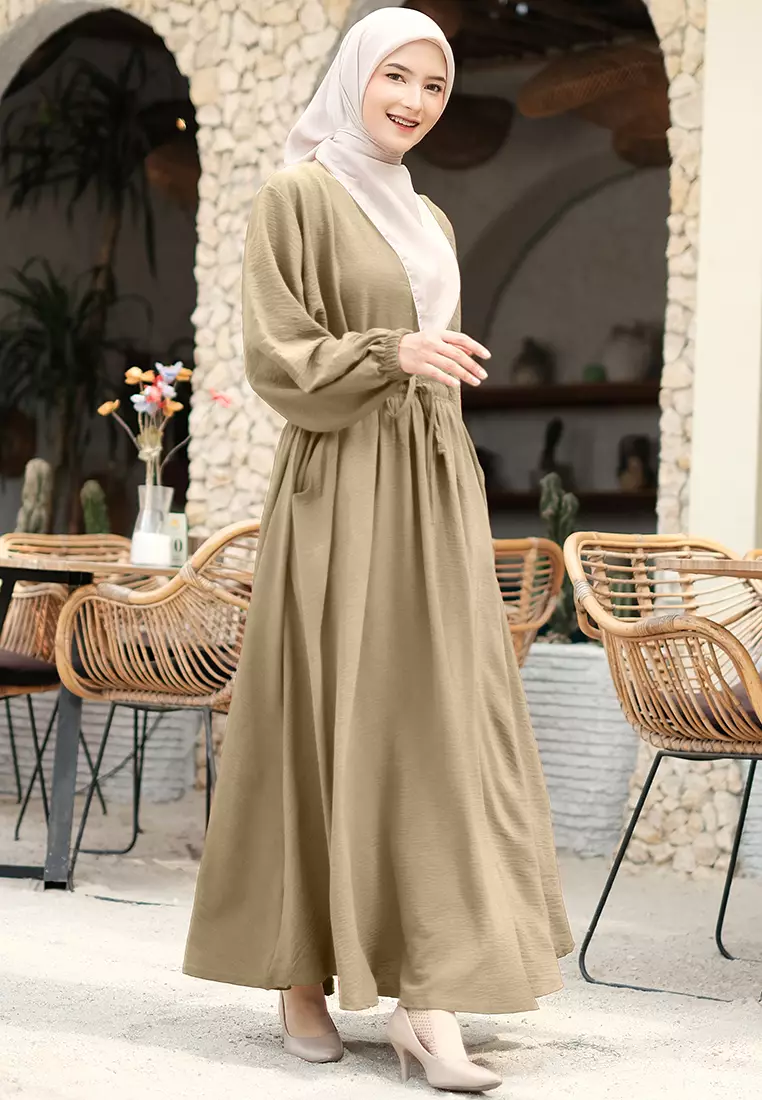 JV Hasanah Set Rok Baju Kurung Selena Beige | Setelan Rok Crinkle Jumbo Busui