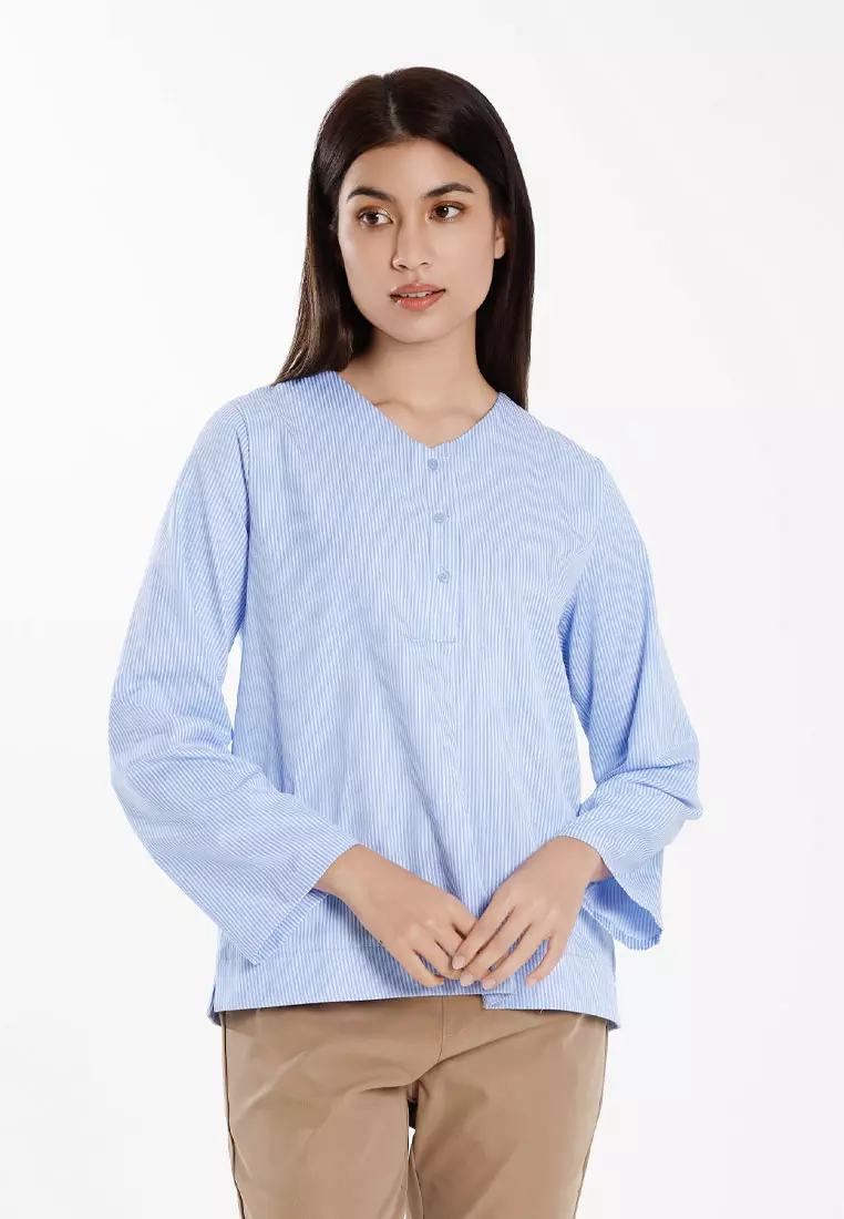 Forest Ladies Poly Cotton Striped V-Neck Blouse Women Long Sleeve Top - 822510-31Blue