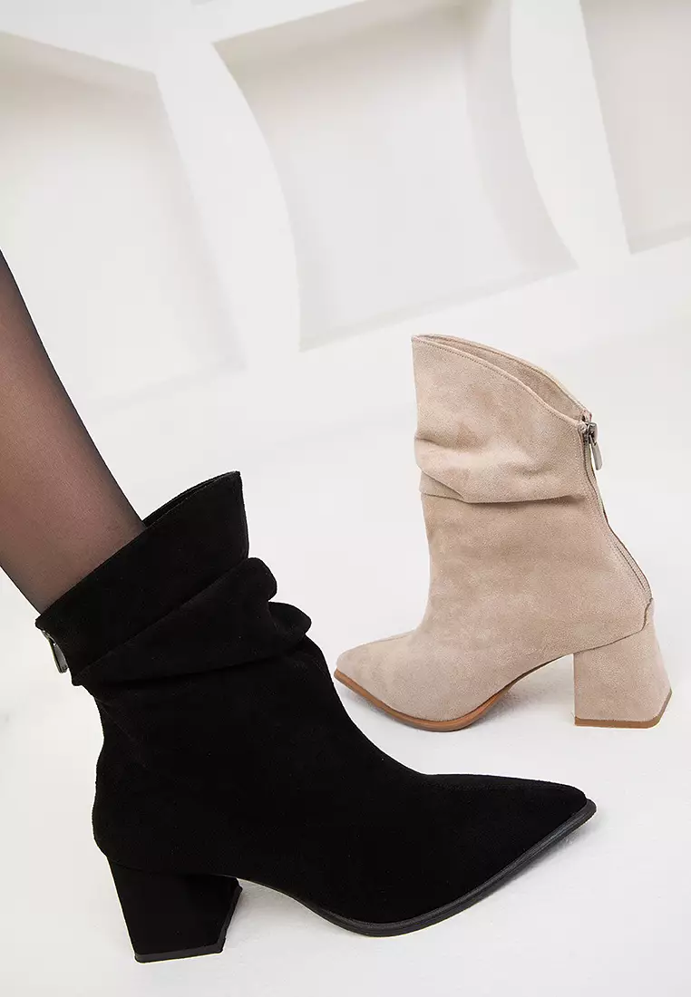 Ruched Pointed Toe Heeled Ankle Boots