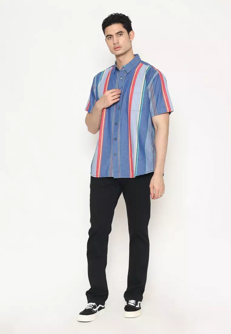 POLICE Kemeja Salur Printing Biru Regular Fit Pria