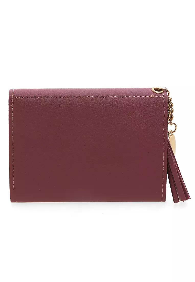 Dompet Wanita Aksen Rumbai Motif Solid Design Pastel Detail Kancing Snap - Pink Tua