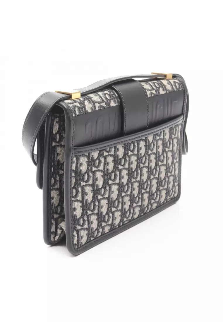 Pre-Loved Christian Dior 30 MONTAIGNE Montaigne oblique jacquard chain shoulder bag canvas leather light beige Navy black