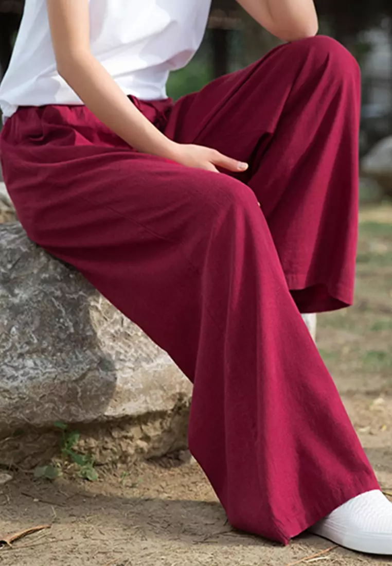 Drawstring Waist Linen Wide-leg Pants BXF2363
