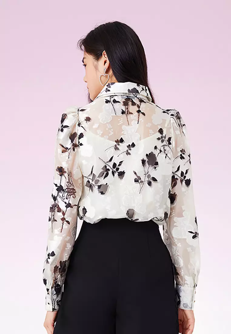 Long Sleeve Floral Smart Casual Blouse with Waist Tie