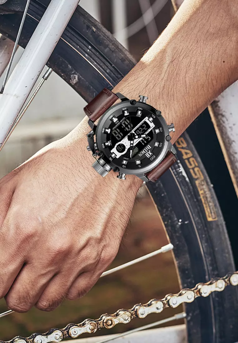 jam tangan pria fashion casual sport leather band bisnis military Luminous Waterproof Multifunction LED display Chronograph watch