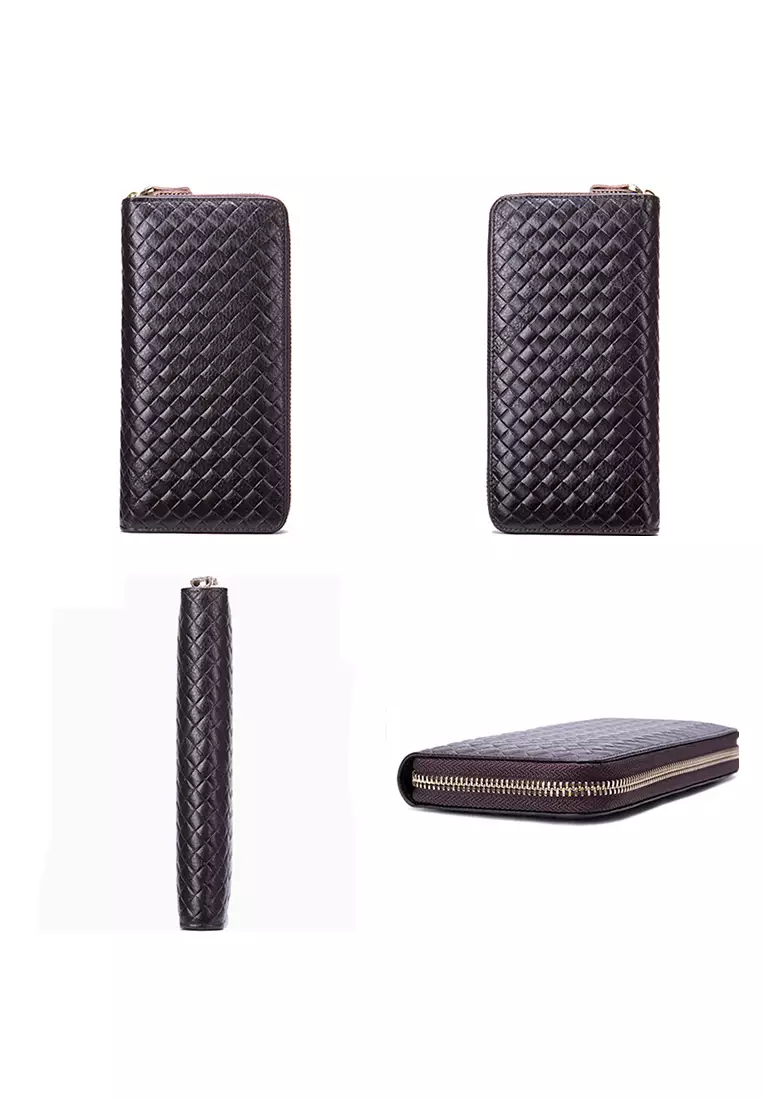 Plain Weave Genuine Leather Zipper Clutch Purse Long Wallet