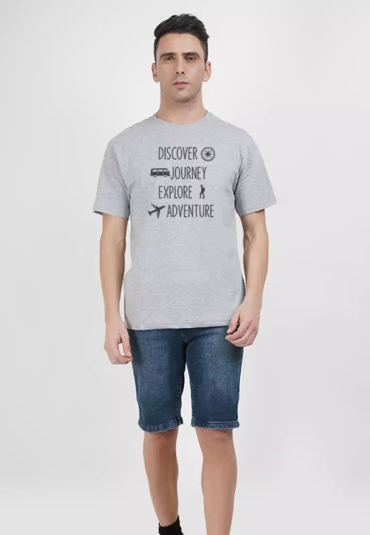 Discover Journey Grey Cotton Short Sleeve Crew Neck Regular Fit Tee