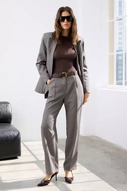 Brown Plaid/Checked Woven Wideleg/Wide Leg Trousers
