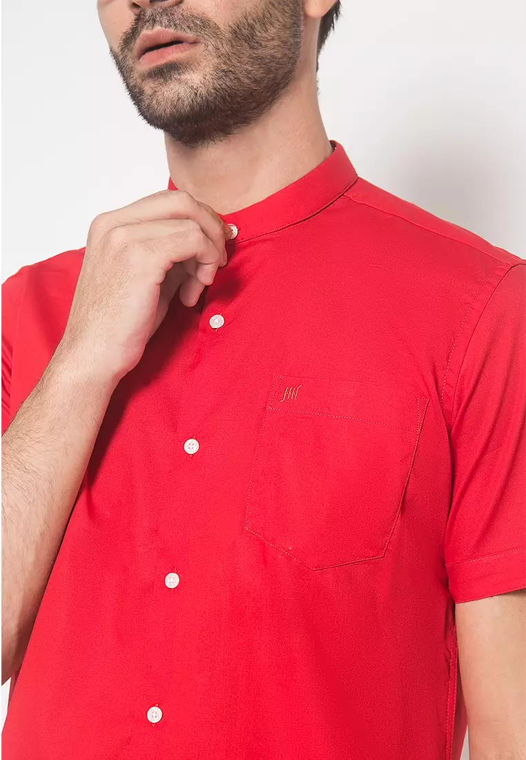 Johnwin - Slim Fit - Kemeja Formal - Model Kerah Shanghai - Warna Merah