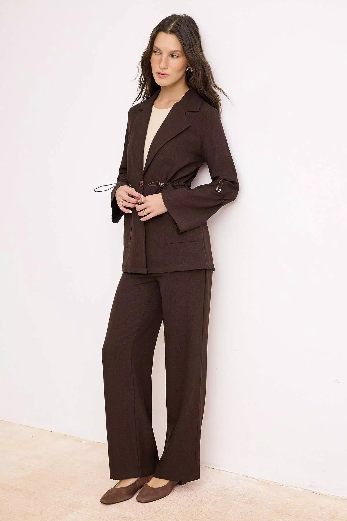 Brown Linen Mixed Beli Ruched Detail Tunic Pant Bottom - Top Set Tctss26Us00030