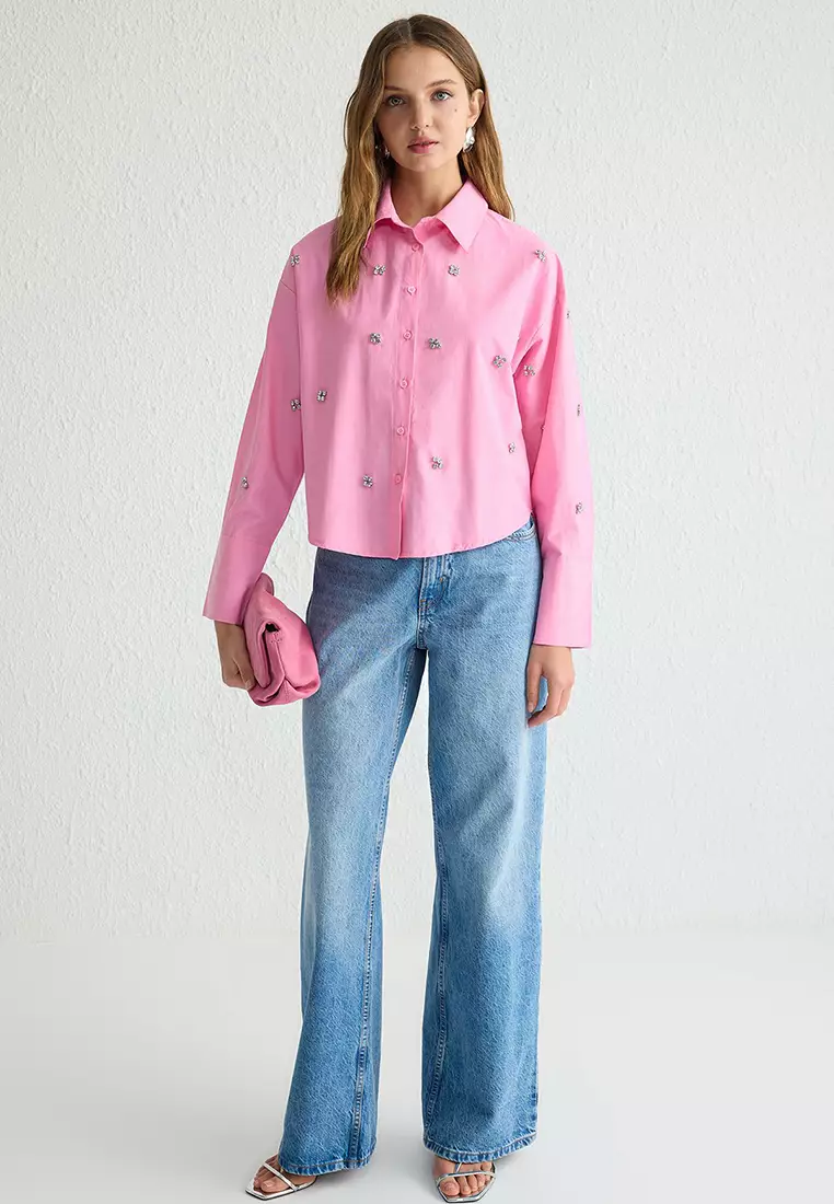 Pink Stone Accessory Detail Woven Shirt TCTSS25TG00007